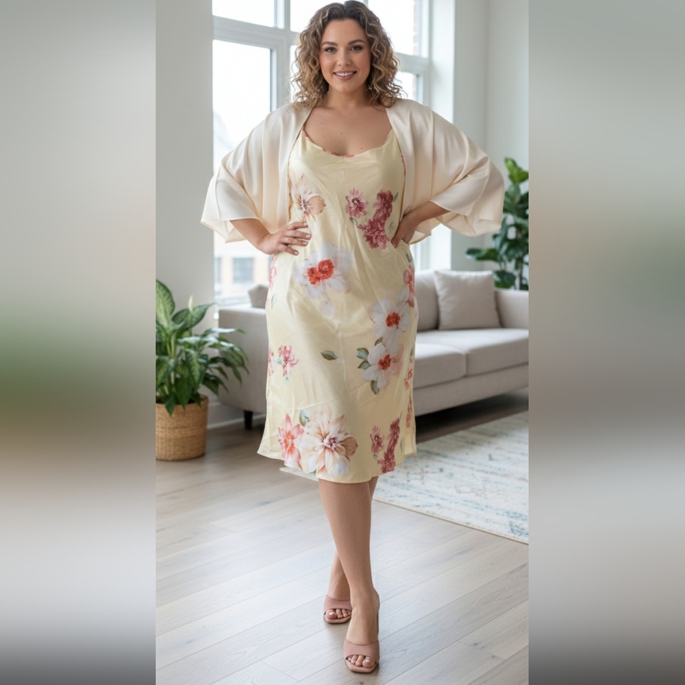 Halston 3x Satin Floral Yellow Pink Dress